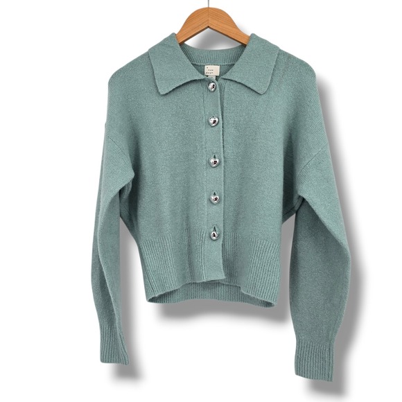 a new day Sweaters - A New Day Womens Sage Green Heart Button‎ Collared Knit Cardigan Sweater Size M